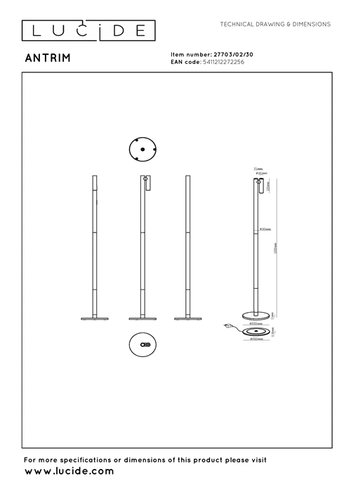 Lucide ANTRIM - Lampadaire / lampe de lecture Rechargeable Intérieur/Extérieur - Batterie/Piles - LED Dim. - 1x2,2W 2700K - IP54 - Avec station de charge sans fil - Noir - technique